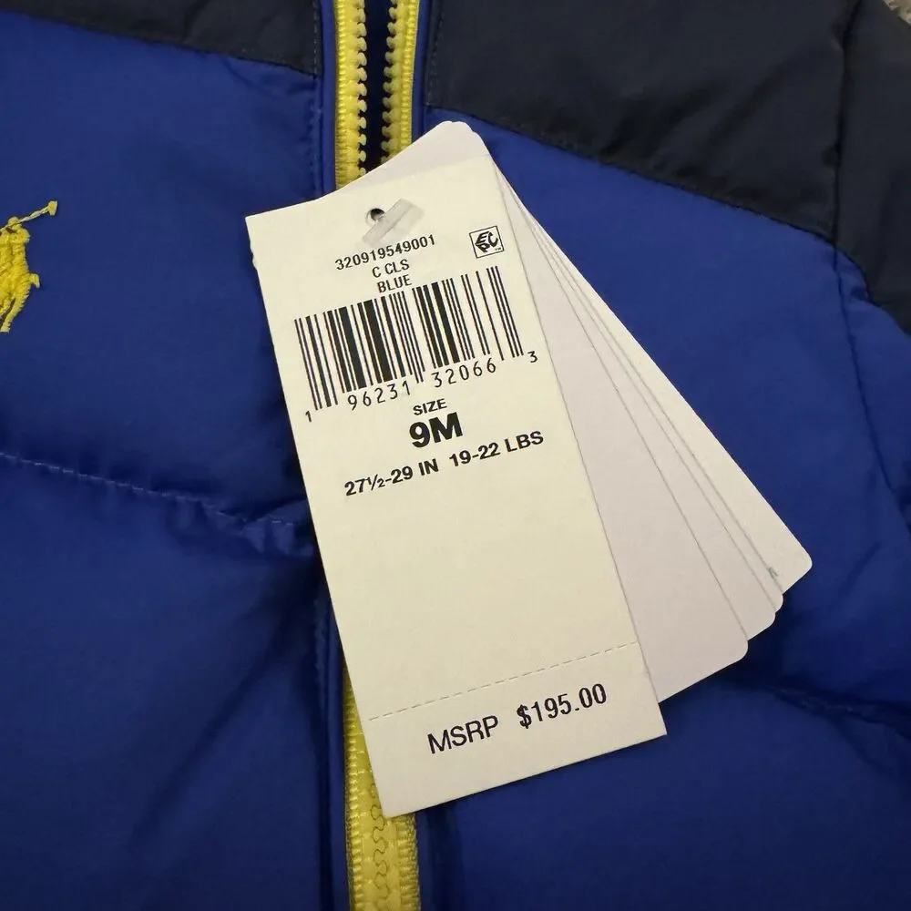 NWT Ralph Lauren Baby Snowsuit Blue, Hooded, 9 Months $195 Yellow‎ Pony